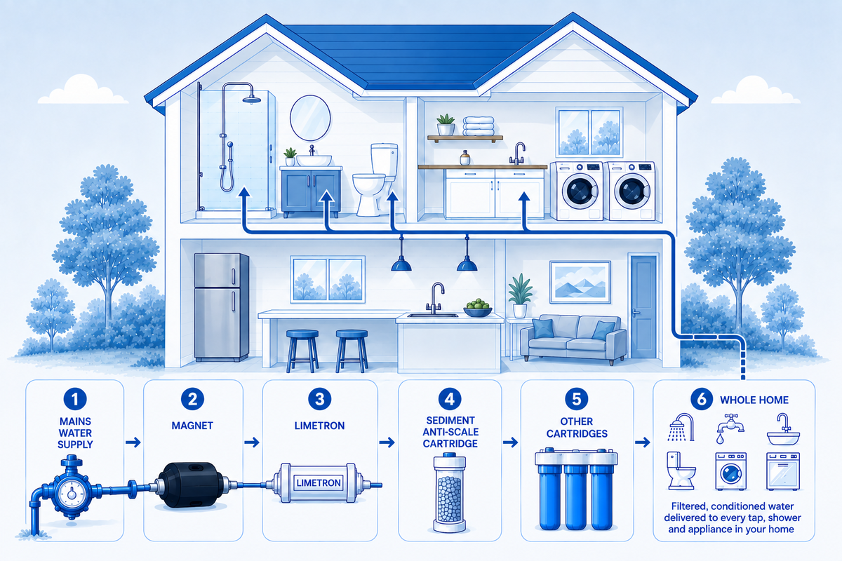 Whole-home installation: mains supply, magnet, Limetron, sediment and anti-scale cartridges feeding every tap, shower and appliance