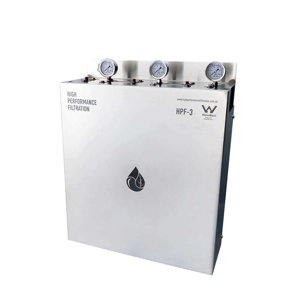 The HPF 20" x 4.5" Triple Big Blue Whole House Chlorine Reduction Water Filter System with Hard Water Conditioner, featuring a stainless steel cover is equipped with three pressure gauges and designed to ensure efficient chlorine reduction throughout your home.