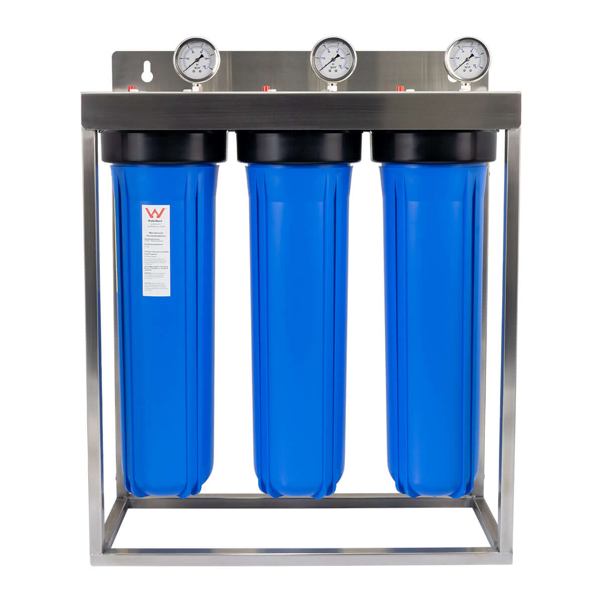 The HPF 20" x 4.5" Triple Big Blue Whole House Chlorine Reduction Water Filter System by High Performance Filtration features three expertly mounted blue water filters with pressure gauges on a metal rack, delivering pure and clean water throughout your home.