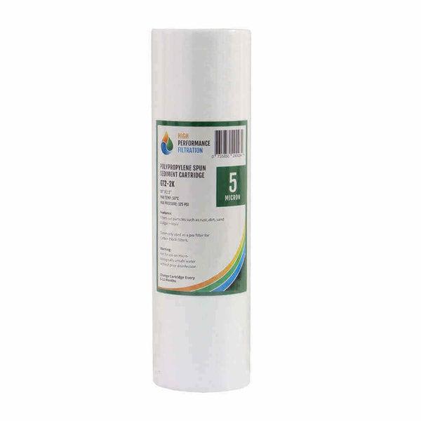 White cylindrical polyspun sediment water filter cartridge for the HPF 4 Stage Reverse Osmosis System with label featuring 