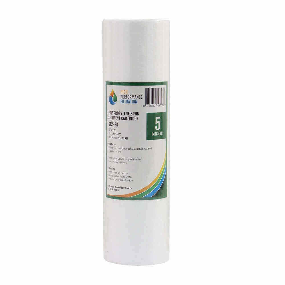 White cylindrical polyspun sediment water filter cartridge for the HPF 4 Stage Reverse Osmosis System with label featuring "5 micron" and "High Performance Filtration.