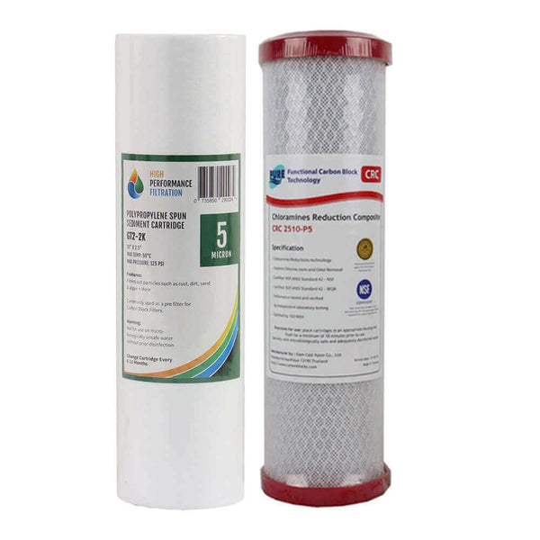 Two cartridges: a polypropylene sediment filter and a carbon block filter, both labeled as part of the High Performance Filtration Replacement Cartridge Pack for the HPF 7 Stage Reverse Osmosis Under Sink Water Filter System.