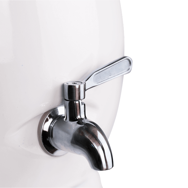Close-up of the Filteroo® Joey 12L Gravity Ceramic Water Filter featuring a stainless steel tap with a lever handle, designed for effective fluoride removal and attached to a white container.