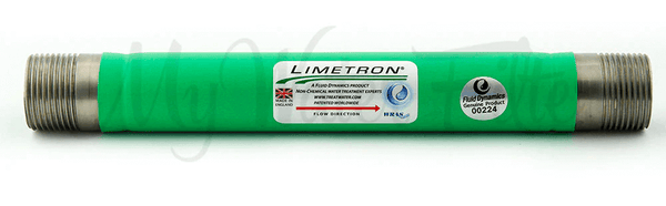 A Limetron Hard Water Conditioner in its green cover and stainless steel designed showing the 1/2 inch male thread. One of the components of the HPF 20