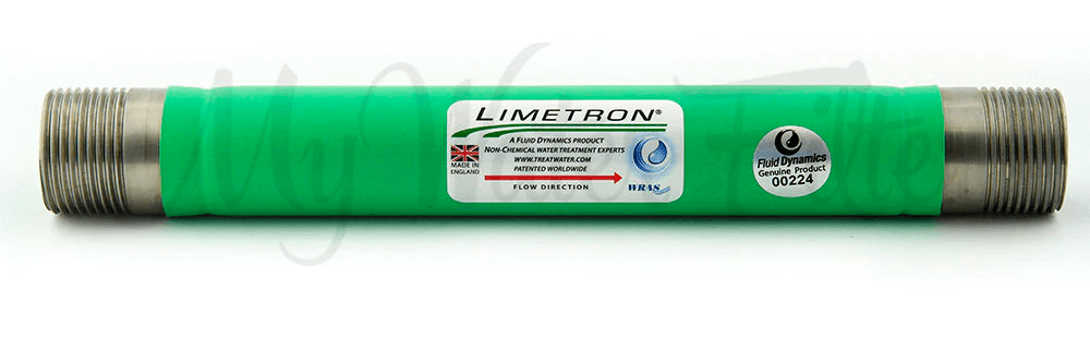 A Limetron Hard Water Conditioner in its green cover and stainless steel designed showing the 1/2 inch male thread. One of the components of the HPF 20" x 4.5" Triple Big Blue Whole House Chlorine Reduction Water Filter System with Hard Water Conditioner. This advanced system efficiently designed to conditioning hard water, ensuring top-notch water treatment quality for your entire home.