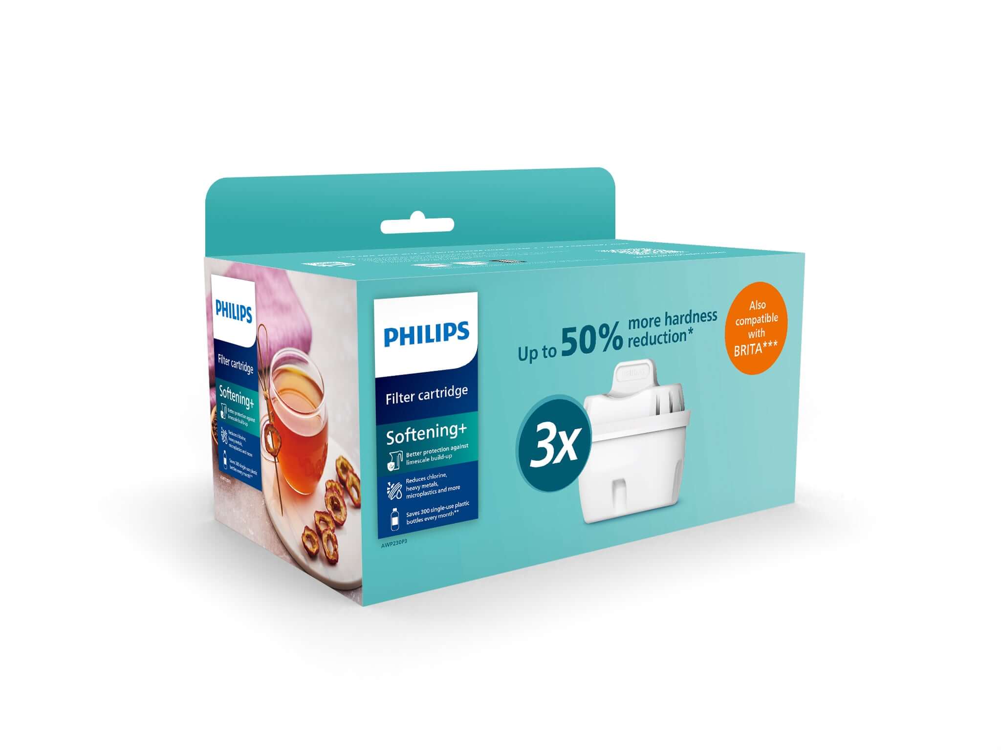 Packaging in blue and white for the Philips Micro X-Clean Softening Filter AWP230 3-pack for MF Water Station, featuring a the white filter and a glass of tea.