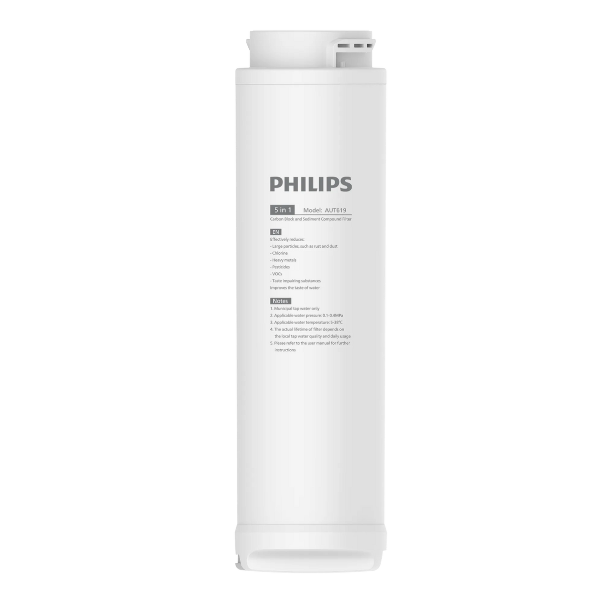 Front view of the Philips AUT619 5-stage carbon block water filter."