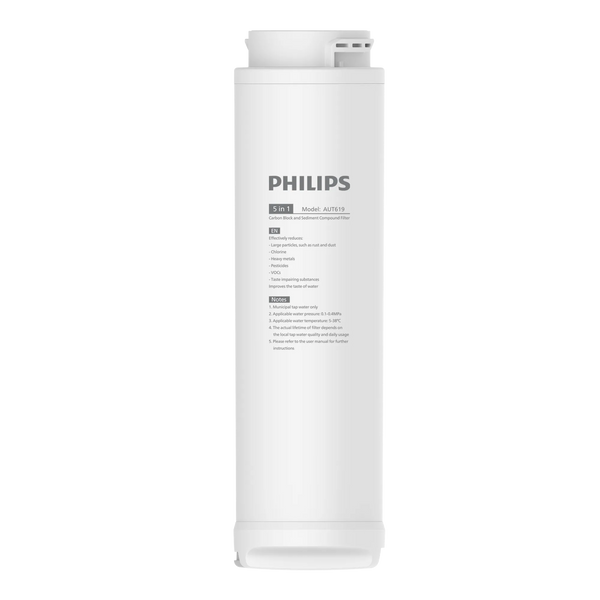 Front view of the Philips AUT619 5-stage carbon block water filter.