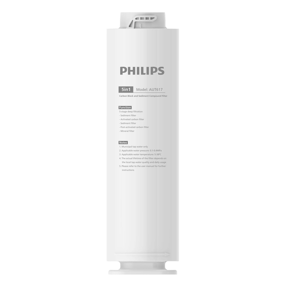 Front view of the filter: Philips AUT617 5-in-1 carbon block and sediment compound filter cartridge, with its five filtration stages and usage notes printed on the label.