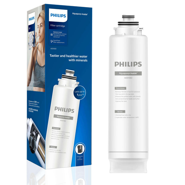 A white cylindrical Philips Aquaporin Inside Reverse Osmosis Filter ADD583/79 (2000L) with blue packaging; enhances water quality and lasts up to a year.