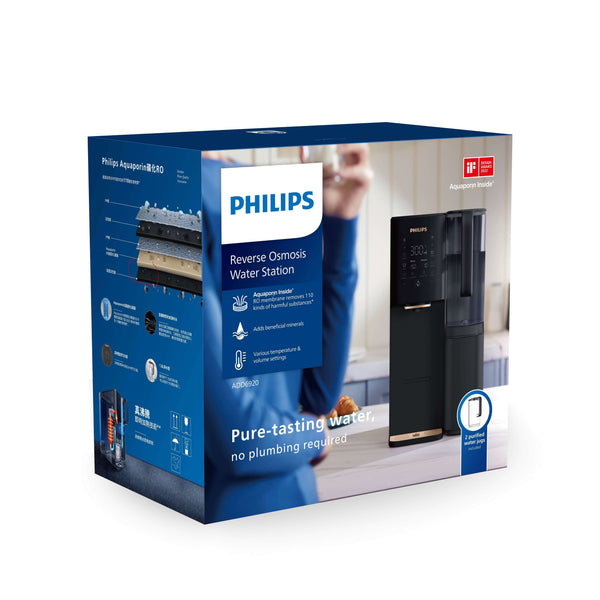 Retail box of the Philips Aquaporin Reverse Osmosis Water Station ADD6920BK/79 with instant heating and Aquaporin Inside™ RO technology.