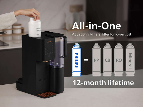 All-in-One Philips Aquaporin Reverse Osmosis Water Station with instant heating, filter installation.