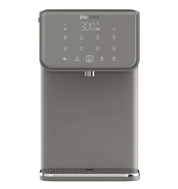 The Philips Compact Water Station, Hot & Cold ADD5981GR/79 with Micro X-Clean filtration, is a stylish water dispenser equipped with a digital display and touch buttons for accurate temperature and volume adjustments. It offers Instant Hot Water capabilities, providing safe and convenient access to clean water.