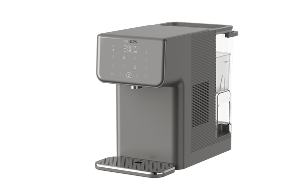 The Philips Compact Water Station, Hot & Cold ADD5981GR/79, boasts a stylish gray design with a digital display and a detachable water tank on the right side. Experience instant hot water with its advanced Micro X-Clean filtration system, making it an ideal addition to modern kitchens.
