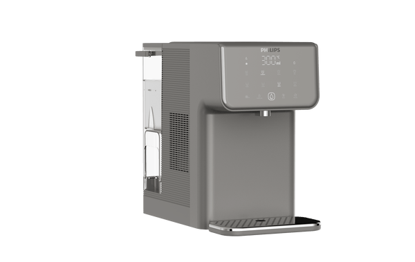 The Philips Compact Water Station, Hot & Cold ADD5981GR/79 by Philips, is a stylish and contemporary water filter equipped with a digital display and a back water tank. It provides instant hot water and features advanced Micro X-Clean filtration for pure and refreshing hydration.