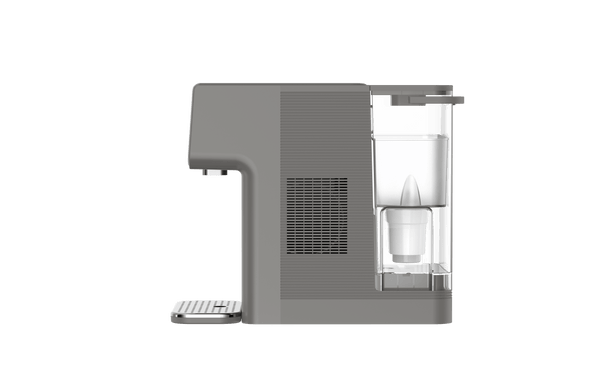 The side view highlights the Philips Compact Water Station, Hot & Cold ADD5981GR/79, displaying a sleek gray design with a transparent water reservoir and equipped with Micro X-Clean filtration for enhanced purity.