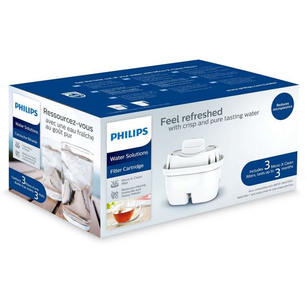 Philips Micro X-Clean Carbon Filter AWP211 for MF Water Station cartridge pack, accompanied by an image of a water pitcher and clean water.