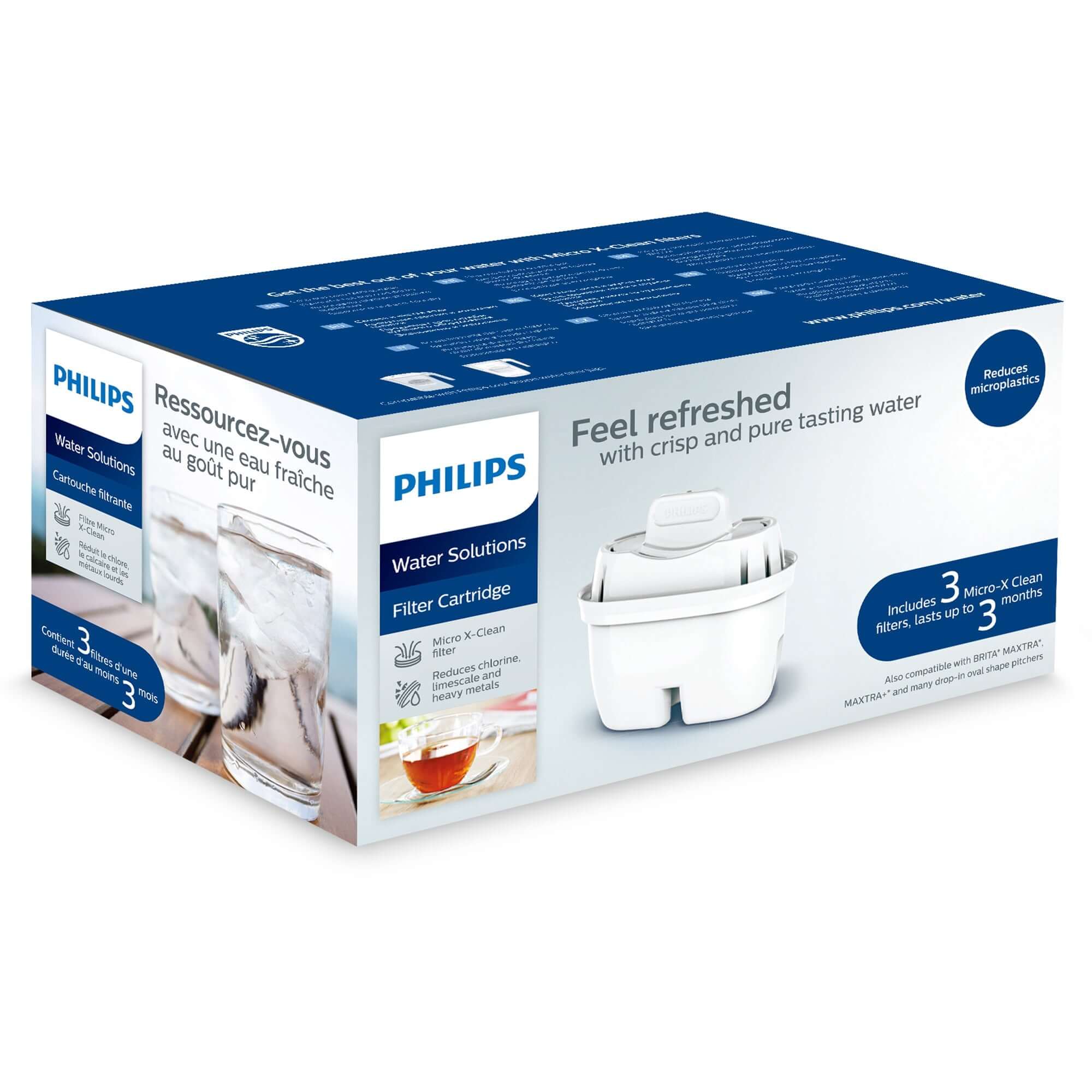 Philips Micro X-Clean Carbon Filter AWP211 for MF Water Station packaging features imagery of the cartridge and two glasses of water, with text emphasizing filtration specifics.