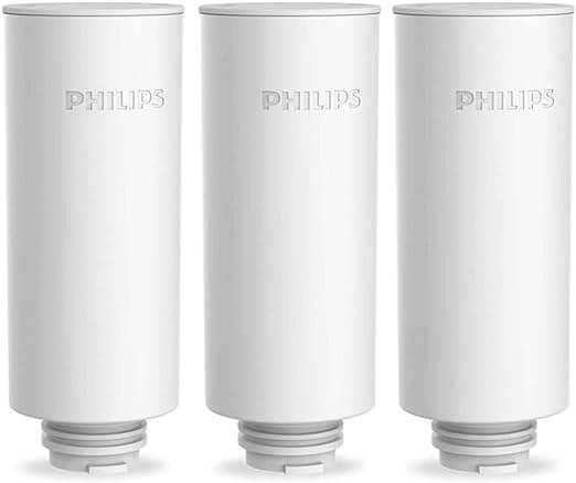 Three white cylindrical cartridges from the Philips Micro X-Clean Filter AWP225/79 set, standing upright side by side.
