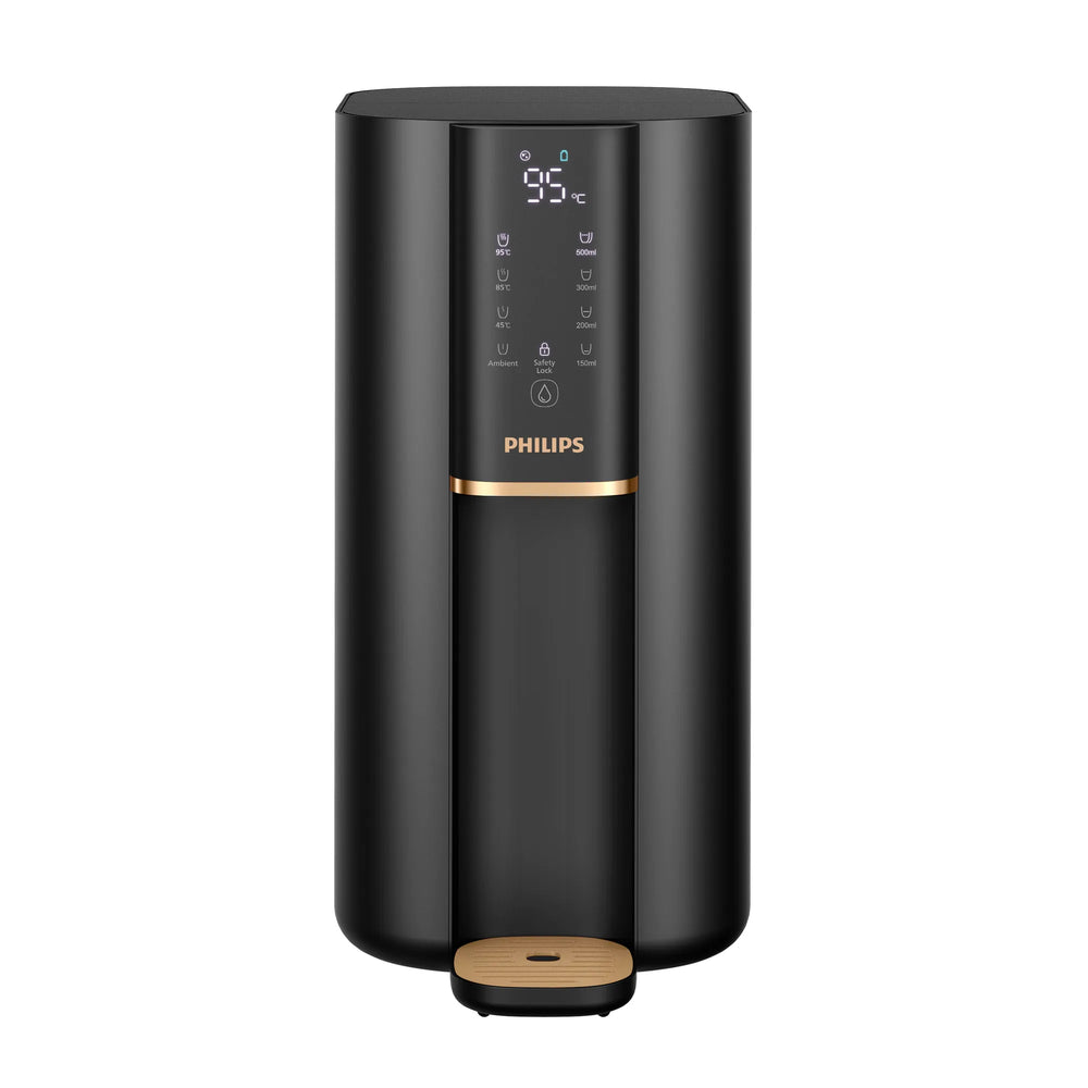 Front view of the black Philips water station with gold accents, a touchscreen showing 95°C, and a gold drip tray.