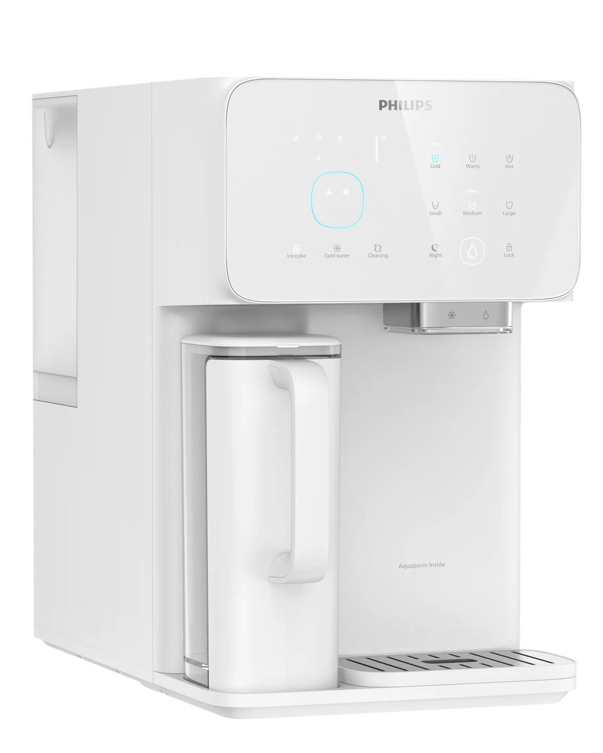 Angled front-left view of the white Philips water station with a touchscreen, water jug, spout, and drip tray.