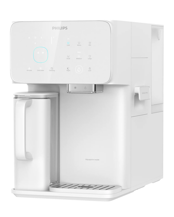 Angled front-right view of the white Philips water station with a touchscreen, water jug, spout, and drip tray.