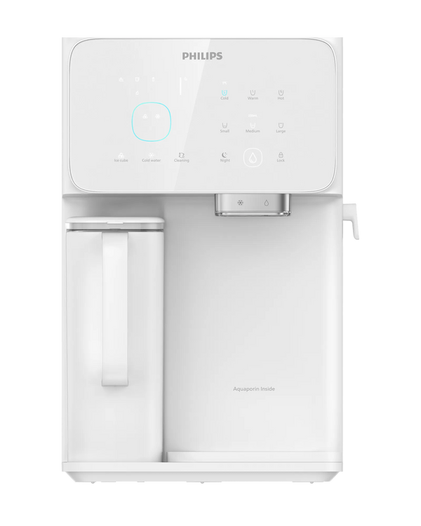 Front view of the white model: White Philips RO water station with touch control panel, water jug, dispensing spout and Aquaporin Inside branding.