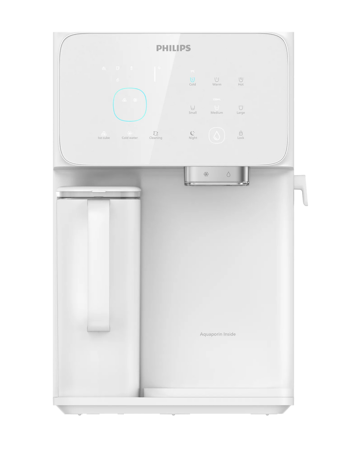 Front view of the white model: White Philips RO water station with touch control panel, water jug, dispensing spout and Aquaporin Inside branding.