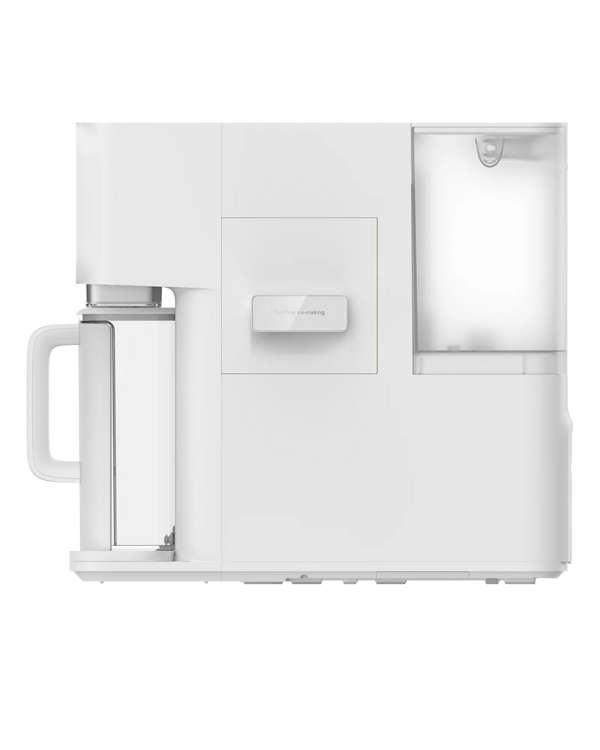 Side view of the white Philips water station showing the water jug on the left, the PuriFlow ice-making panel, and the water tank on the right.