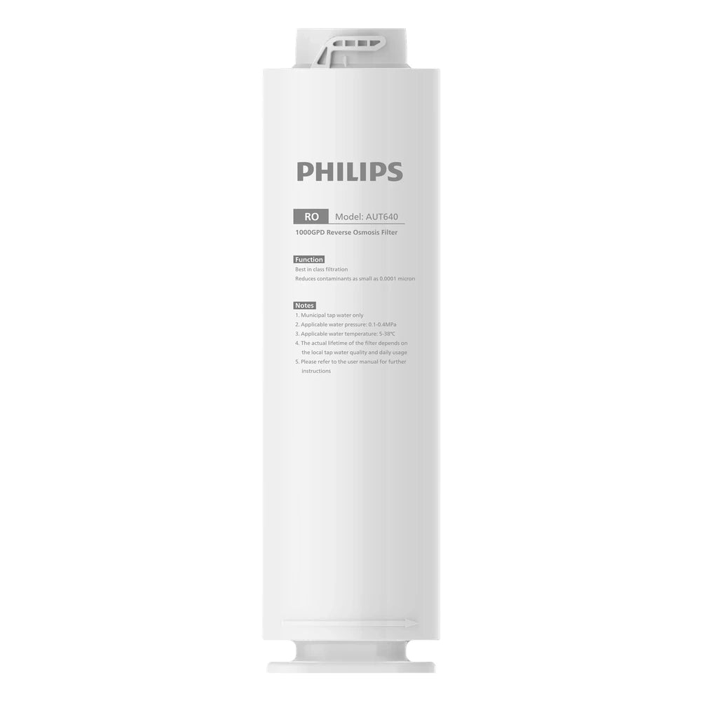 Front view of the filter: Philips AUT640 1000GPD reverse osmosis filter cartridge, with its function and usage notes printed on the label.