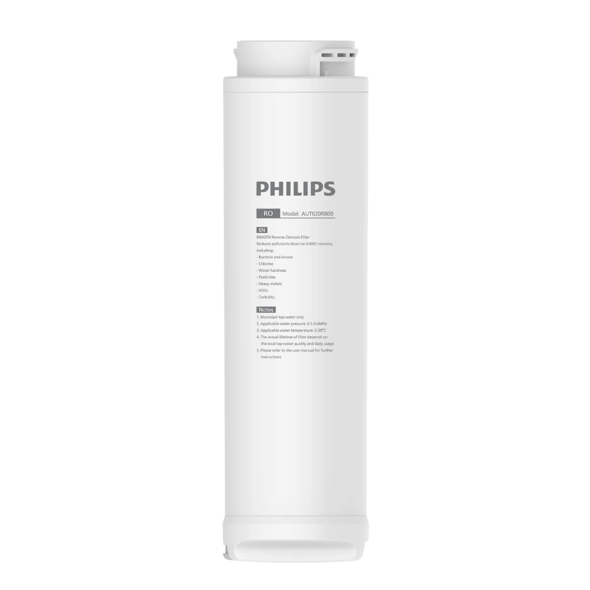 Front view of the Philips AUT620R800 800 GPD reverse osmosis membrane.