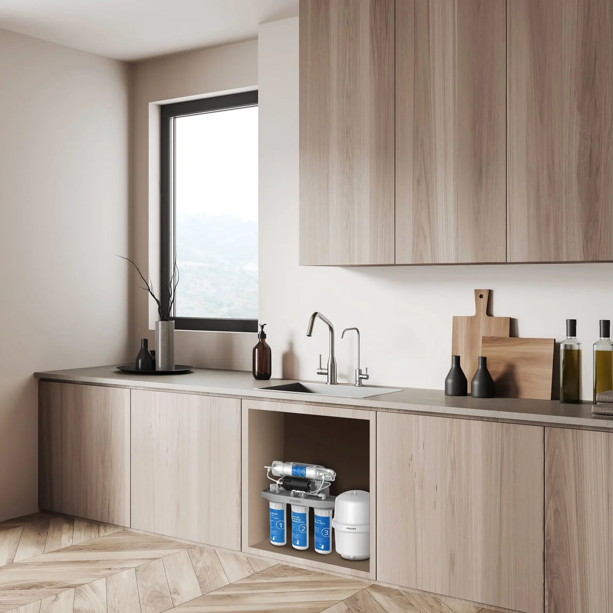 Philips AUT9510 6-stage RO water purifier installed neatly under a modern kitchen cabinet