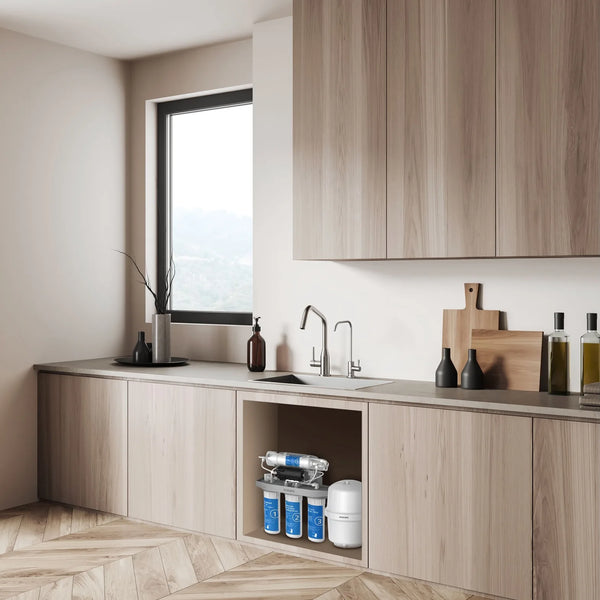Philips AUT9510 6-stage RO water purifier installed neatly under a modern kitchen cabinet