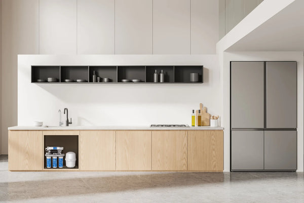 Wide view of Philips AUT9510 6-stage RO water purifier installed under a modern kitchen sink cabinet