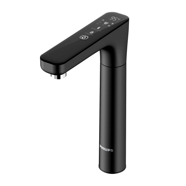 Philips AUT6104 black 7-temperature RO water dispenser tap shown at an angle.