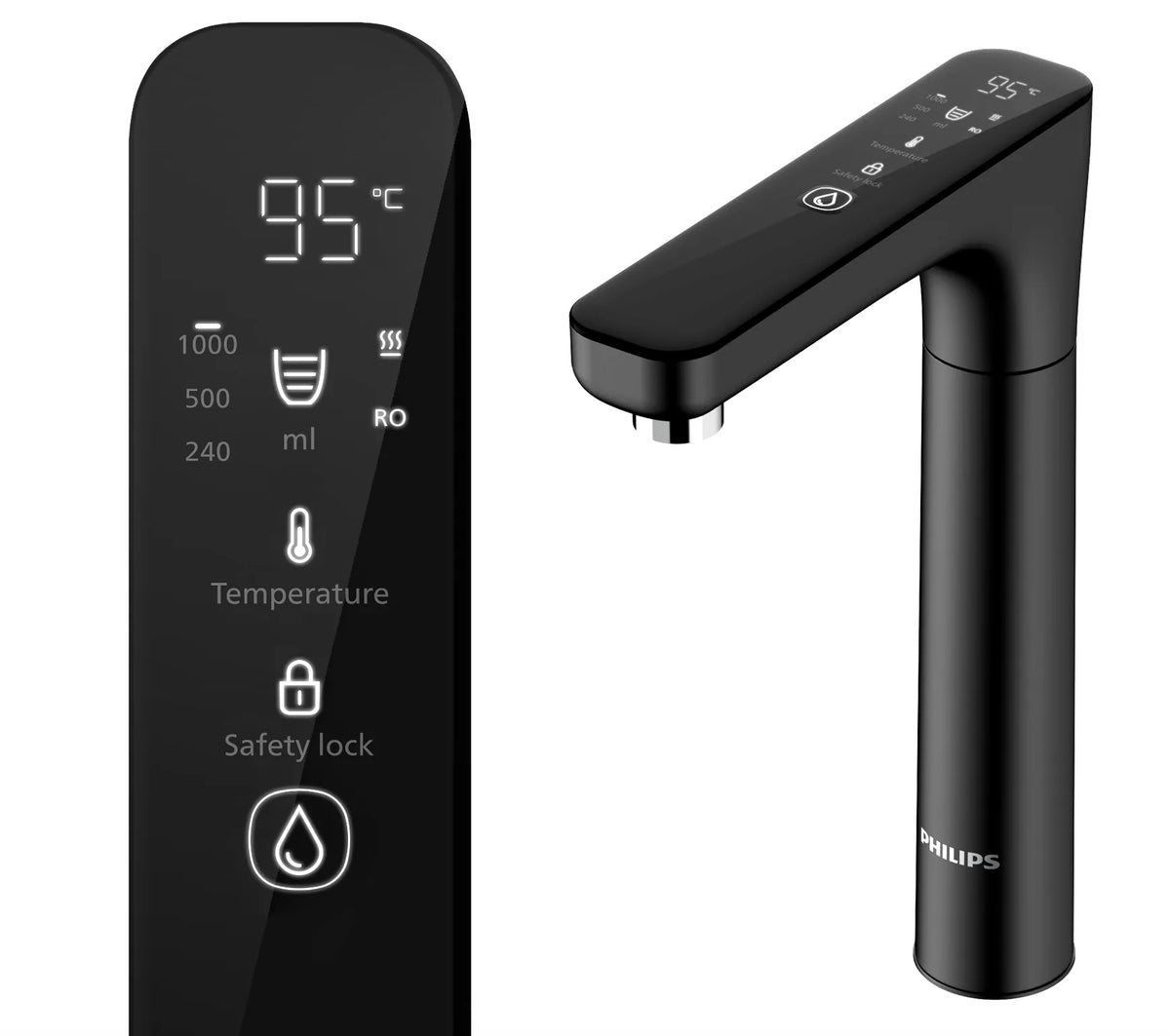 Philips AUT6104 black 7-temperature RO water dispenser tap focusing on the digital display panel.