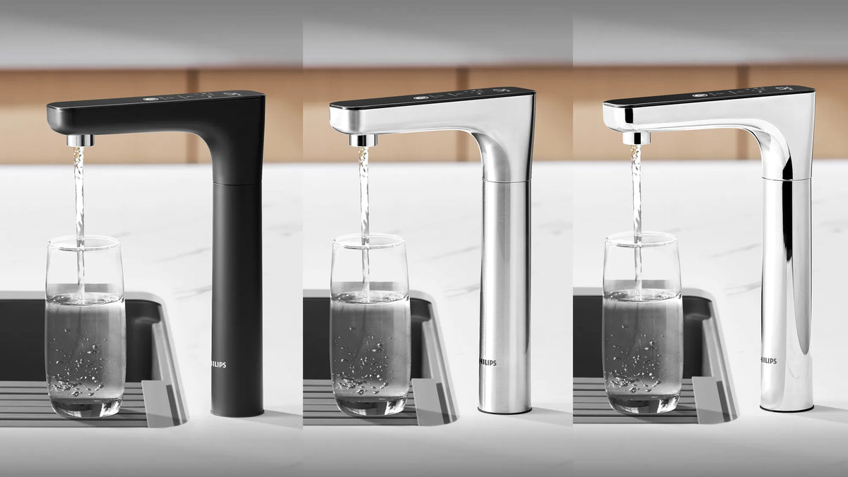 Philips AUT6104 7-temperature RO tap filling a glass, showing all three finish options.