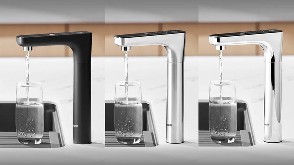Philips AUT6104 7-temperature RO tap filling a glass, showing all three finish options.