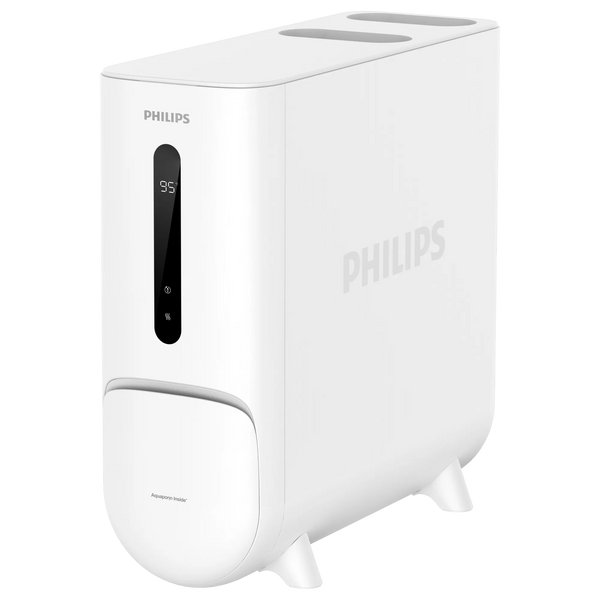 Philips AUT6104 black 7-temperature RO water purifier unit in a right-angled side view