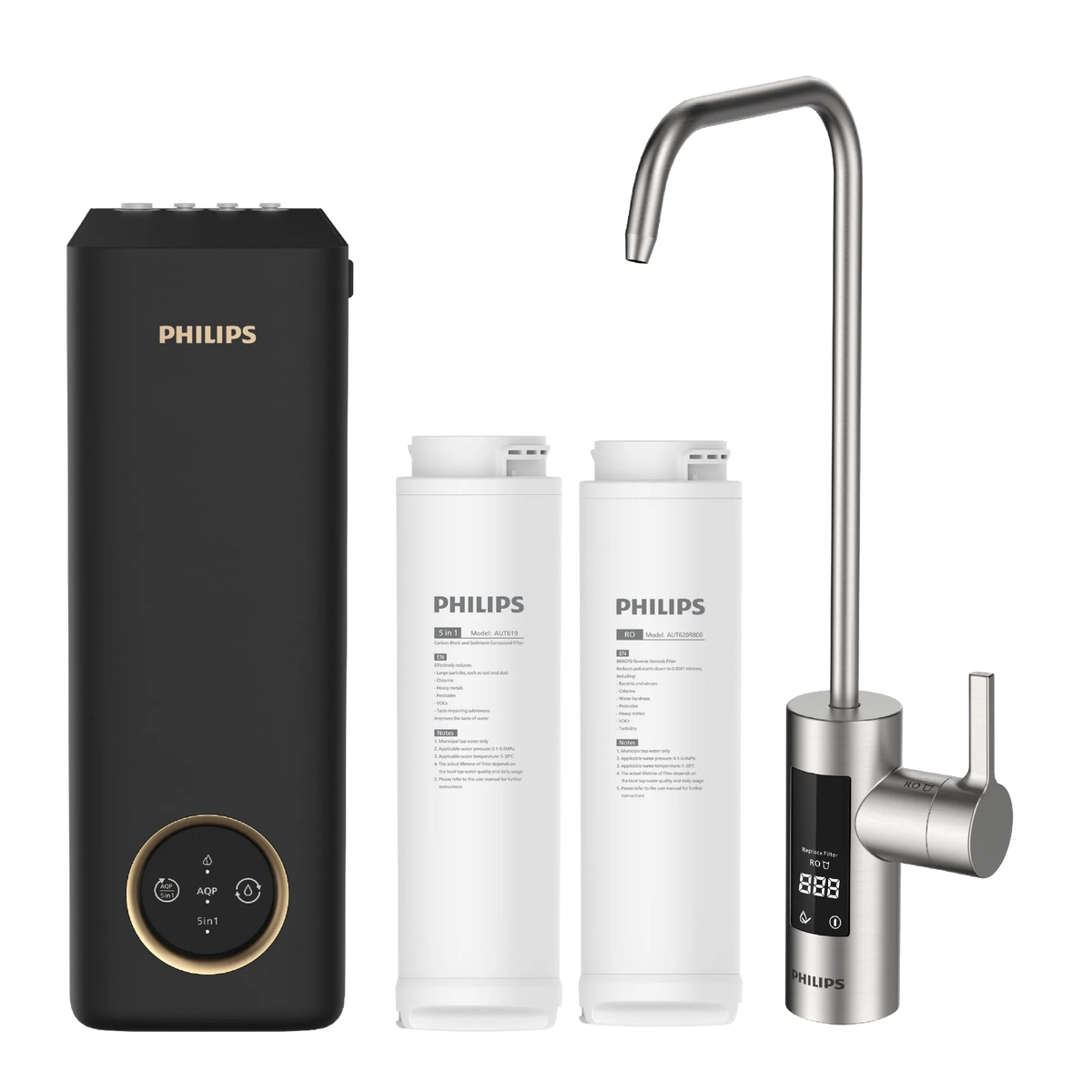 Philips AUT8990 Fast Flow Reverse Osmosis tap and water purifier set with replacement cartridges.