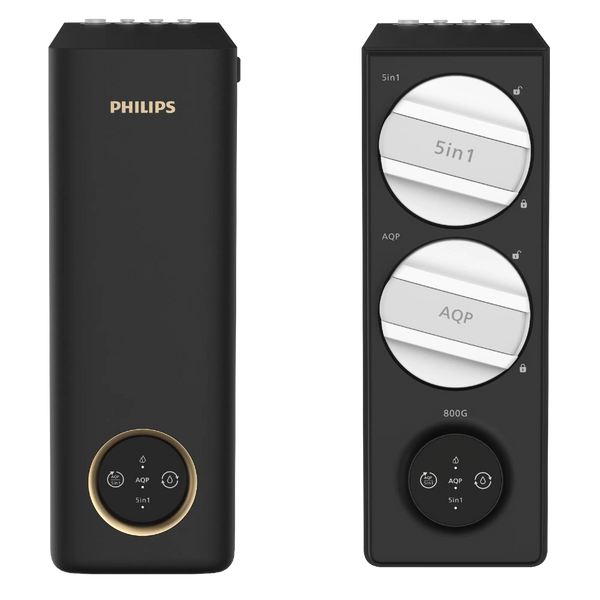 Front and back view of the Philips AUT8990 fast flow reverse osmosis water purifier unit.