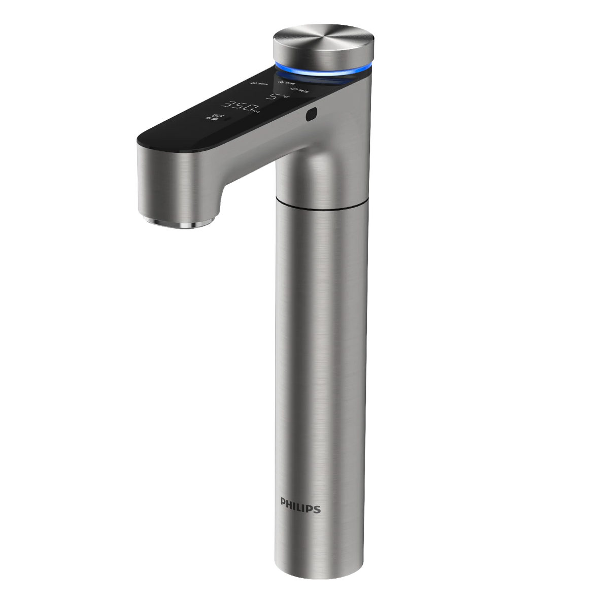 Brushed nickel Philips RO tap with a touch display showing 350 mL and 5°C, and a blue light ring around the knob for chilled water.