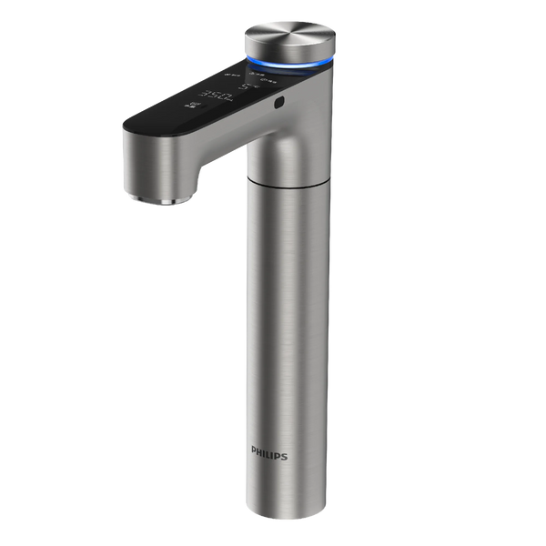 Brushed nickel Philips RO tap with a touch display showing 350 mL and 5°C, and a blue light ring around the knob for chilled water.