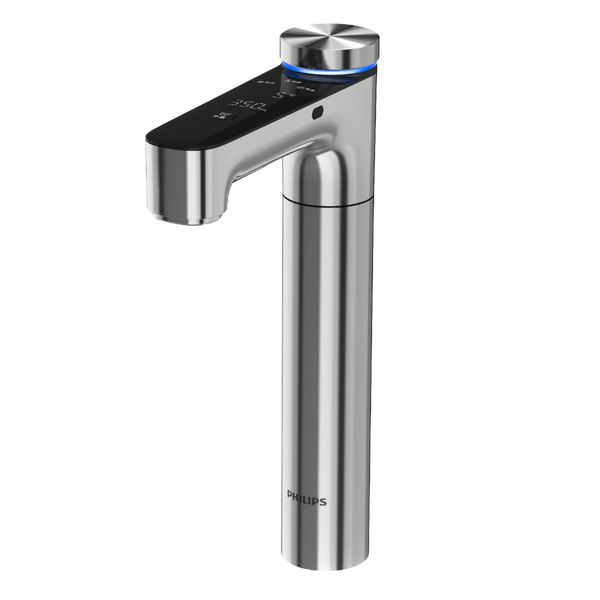Chrome Philips RO tap with a touch display showing 350 mL and 5°C, and a blue light ring around the knob for chilled water.