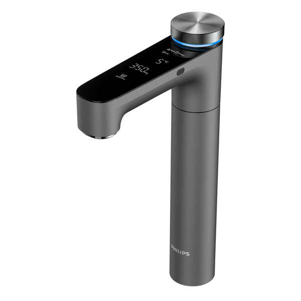 Dark grey Philips RO tap with a touch display showing 350 mL and 5°C, and a blue light ring around the knob for chilled water.