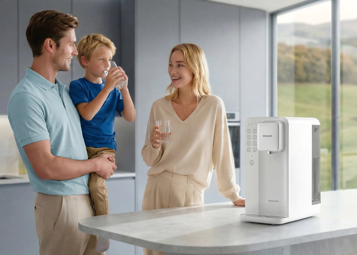 Philips Reverse Osmosis Hot Water Station - 5L Tank, White ADD6914WH with a child drinking