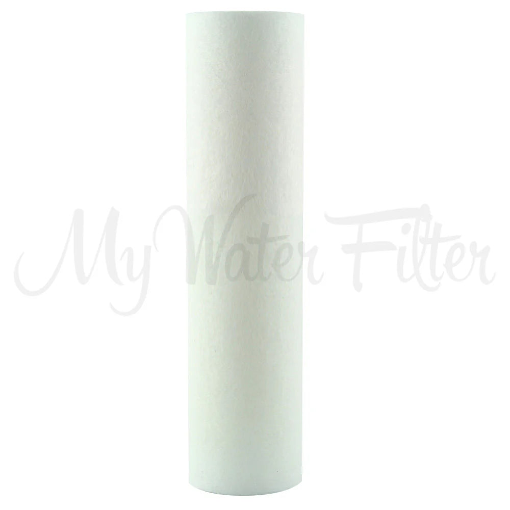 A white cylindrical polyspun sediment cartridge as part of the HPF 20" x 4.5" Triple Big Blue Whole House Chlorine Reduction Water Filter System.