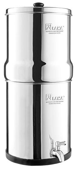 A shiny stainless steel RAMA GRAVITY Water Filter, featuring a spigot at the bottom, branded "RAMA.