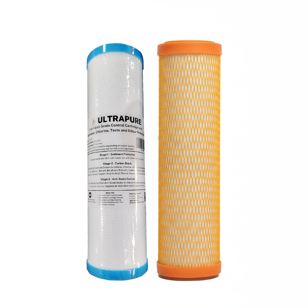 Two cartridge filters, one ULTRAPURE 3-in-1 Anti-Scale and the 10