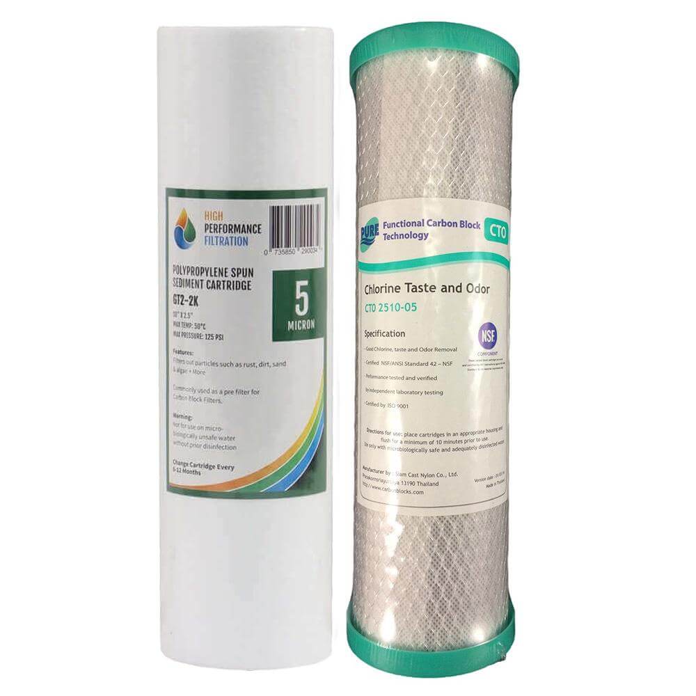 Two water filter cartridges side by side: a polyspun sediment and carbon block cartridges as part of the Replacement Cartridge Pack for the 4 Stage Reverse Osmosis Under Sink Water Filter System